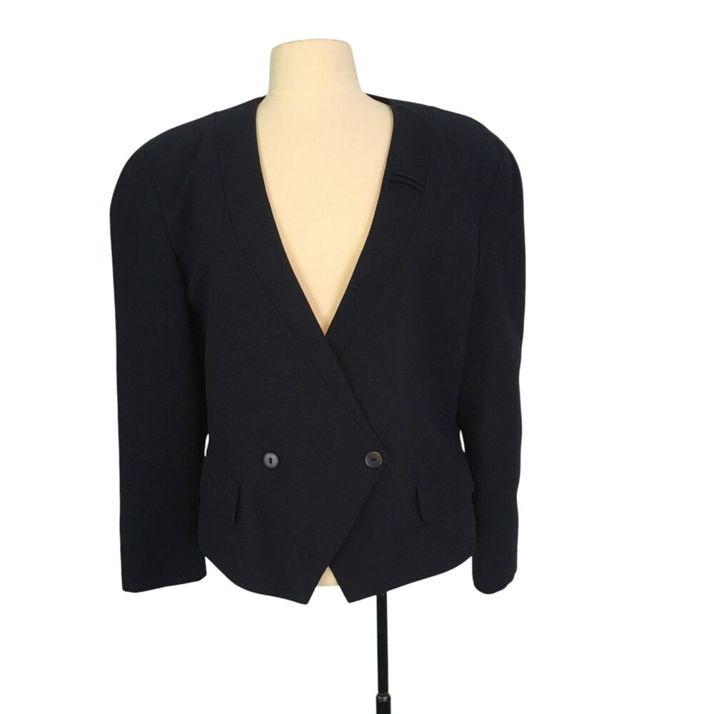 Jacques Vert Vintage Womens Navy V-Neck‎ Blazer, Jacket, double breasted 38 bust